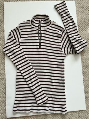 Vintage 80s Stripe Half-Zip Ribbed mock TN long sleeve top in White and Brown